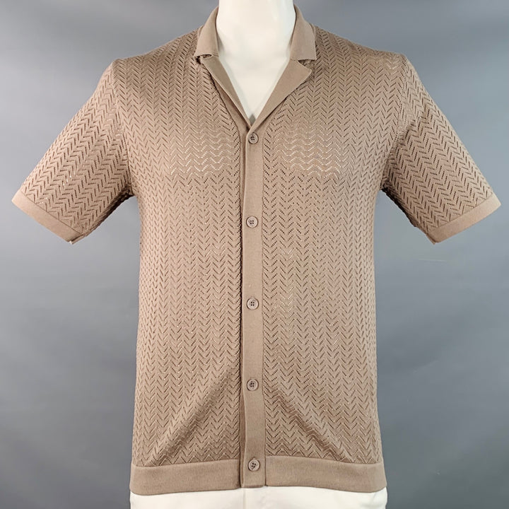 RAITH Size XL Tan Chevron Viscose Blend Knit Camp Short Sleeve Shirt