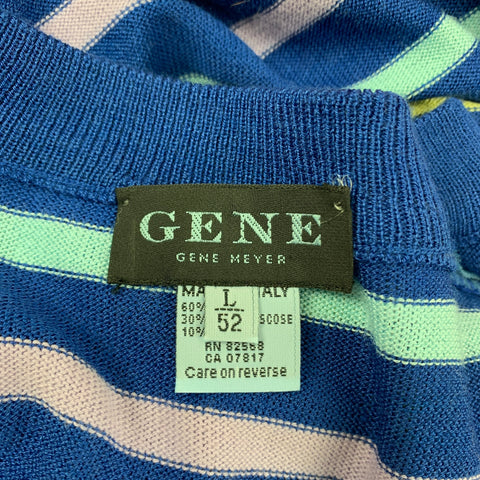 GENE MEYER Size L Blue Yellow Stripe Cotton Blend Crew-Neck Pullover