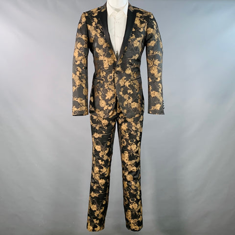 PAISLEY & GRAY Size 40 Regular Black Tan Floral Polyester Jacquard Slim Fit Suit