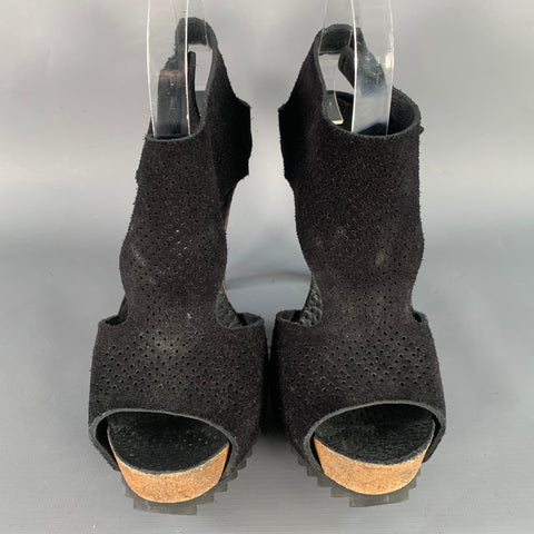 PEDRO GARCIA Size 9 Black Perforated Suede Platform Sandals