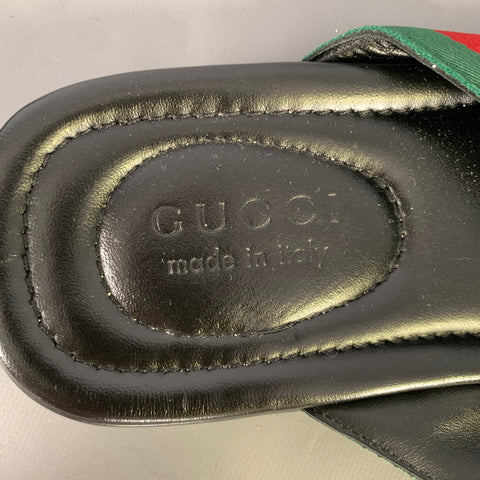 GUCCI Size 10.5 Black Green & Red Stripe Leather Thong Sandals