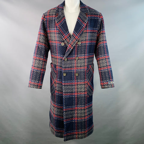 KITH Size M Navy Red Beige Plaid Wool Blend Double Breasted Coat