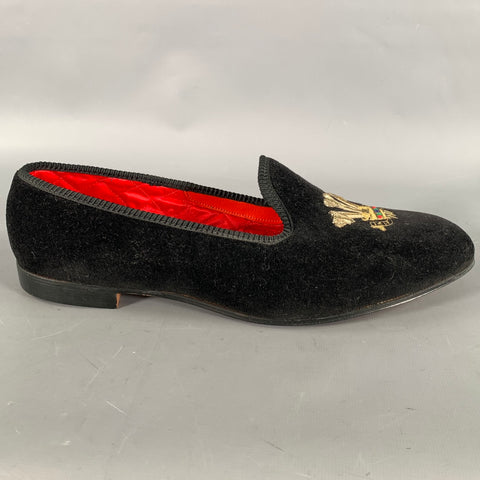 TRICKER'S Size 10.5 Black Embroidery Velvet Slippers Loafers
