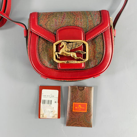 ETRO FW19 Pegaso Oxblood Brown Paisley Leather Trim Handbag
