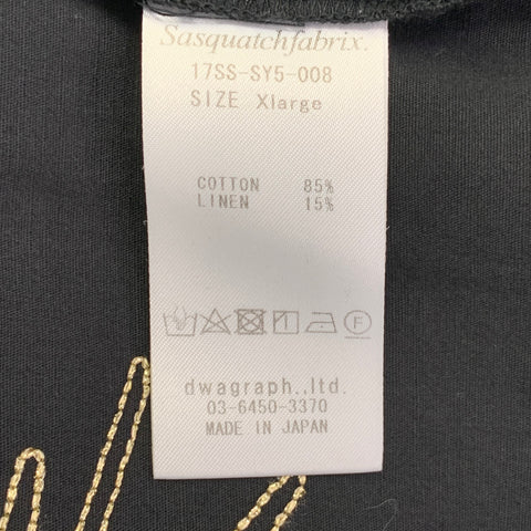 SASQUATCHfabrix Size XL Black Gold Embroidery Cotton Linen Short Sleeve Shirt