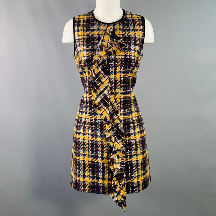 MSGM Size 8 Yellow Black Silver Wool Blend Ruffle Plaid Mini Dress