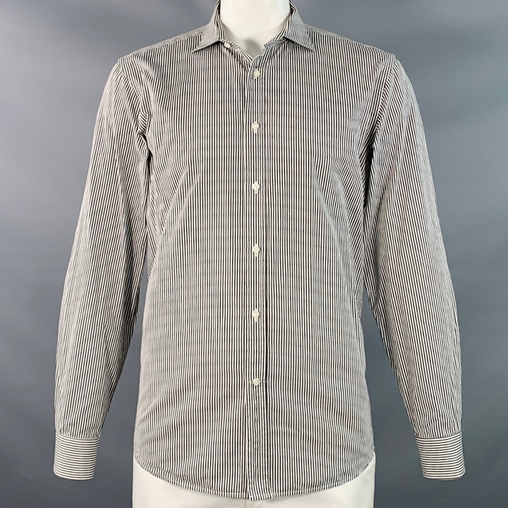 RALPH LAUREN Size XL Brown White Stripe Cotton Spread Collar Long Sleeve Shirt