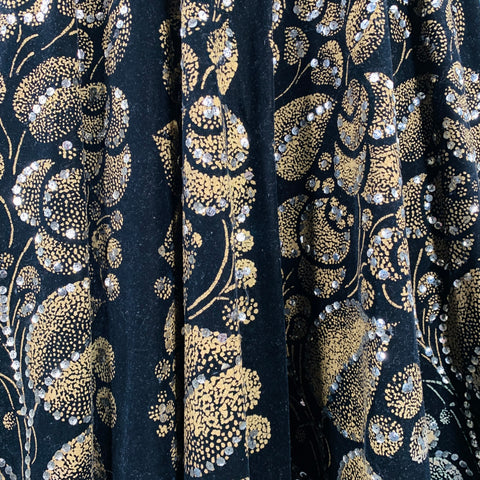 Jupe midi trapèze vintage en velours noir et doré taille S