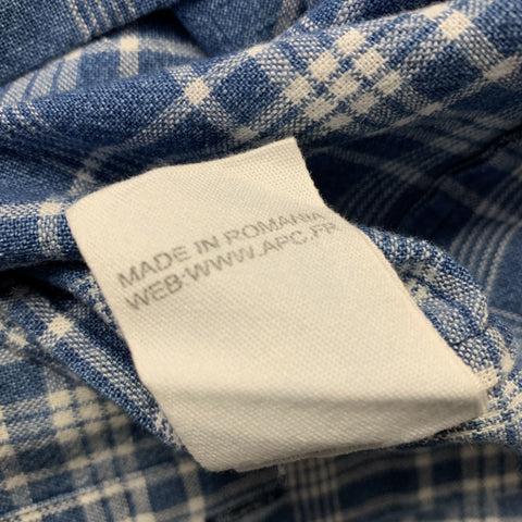 APC Size M Blue White Plaid Cotton Linen Button Up Long Sleeve Shirt