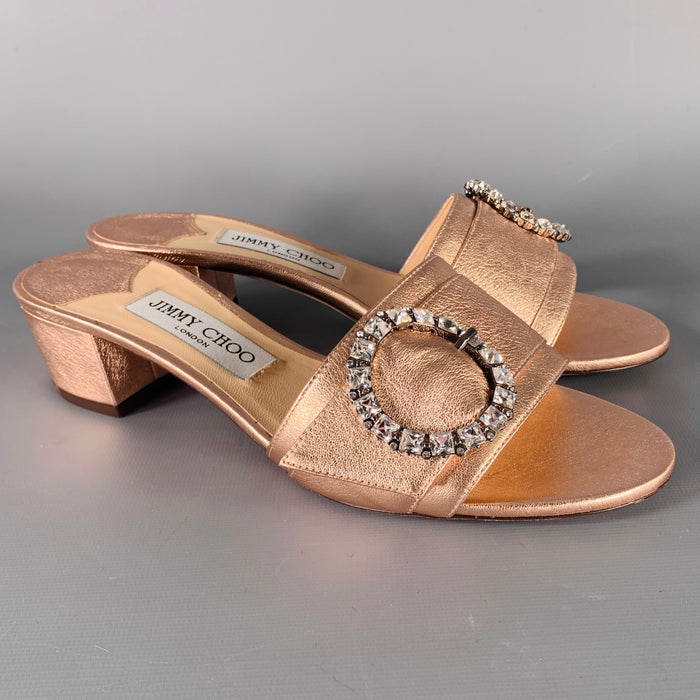 JIMMY CHOO Size 8.5 Gold Rose Leather Slip On Sandals