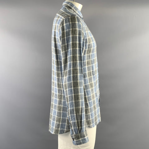 JOHN VARVATOS Size L Blue White & Black Plaid Pointed Collar Long Sleeve Shirt