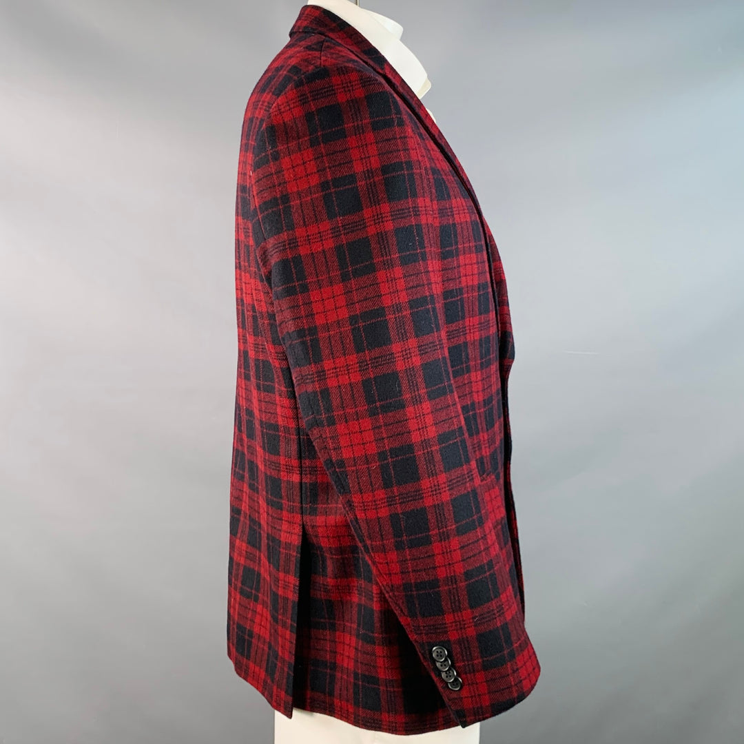 PAUL FREDRICK Size 44 Regular Red Black Plaid Wool Tailored Fit Notch Lapel Sport Coat