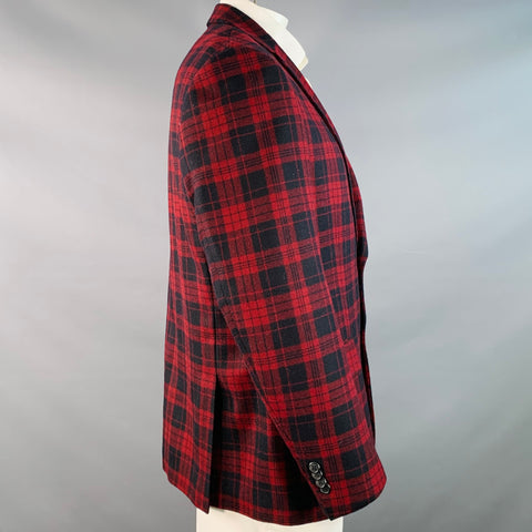 PAUL FREDRICK Size 44 Regular Red Black Plaid Wool Tailored Fit Notch Lapel Sport Coat