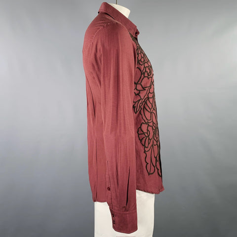 JUST CAVALLI Size L Burgundy Black Embroidery Cotton Silk Long Sleeve Shirt