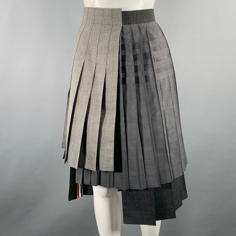 THOM BROWNE Size 2 Grey Charcoal Wool Pleated Knee Length Skirt