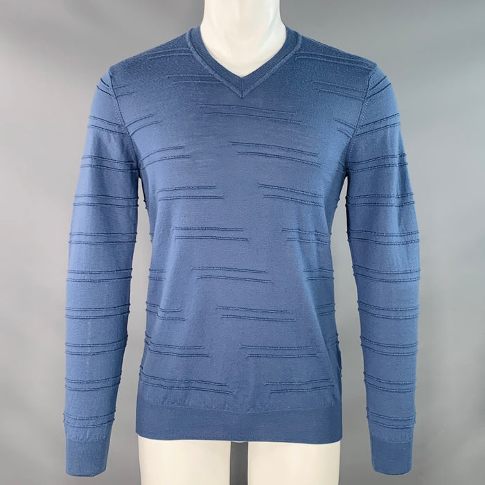 ARMANI COLLEZIONI Size M Blue Textured Virgin Wool V-Neck Pullover