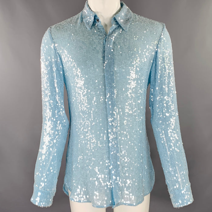 DRIES VAN NOTEN FW22 Size M Blue Light Blue Sequined Viscose Long Sleeve Shirt