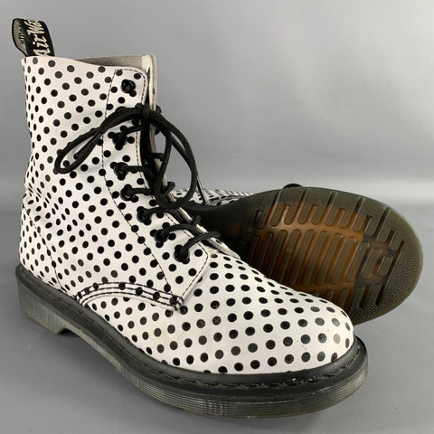 DR. MARTENS Size 9 White Black Leather Polka Dot Lace-Up Boots