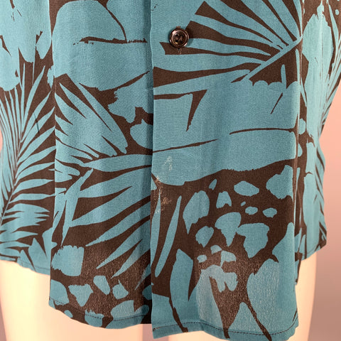 SAINT LAURENT Size S Turquoise Black Abstract Floral Silk Short Sleeve Shirt