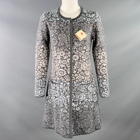 OLEANA Size S Grey Blue Merino Wool Blend Knit Abstract Floral Long Cardigan