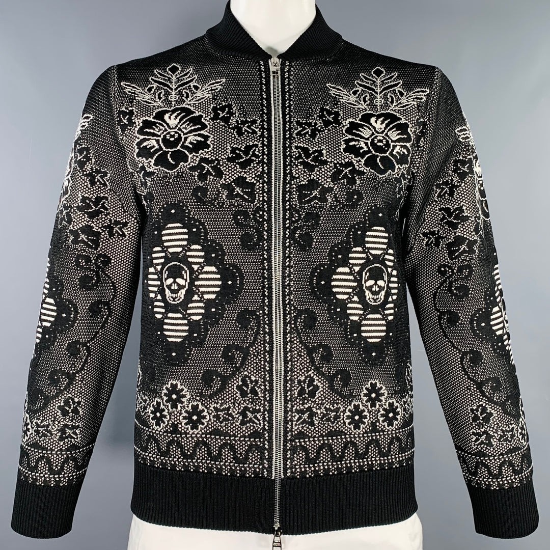 ALEXANDER MCQUEEN Size L Black White Floral Wool Blend Bomber Jacket
