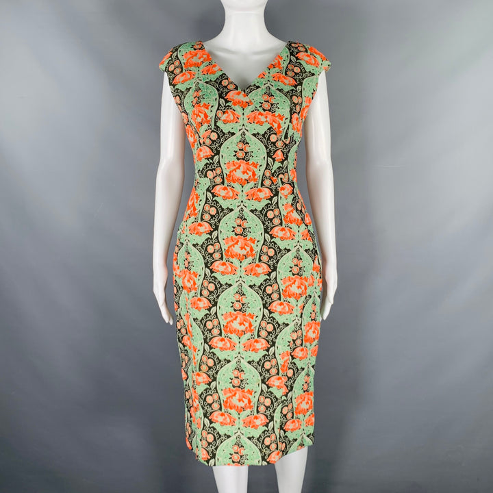 ZAC POSEN Size 8 Green Multi Color Cotton Blend Tapestry Sleeveless Dress
