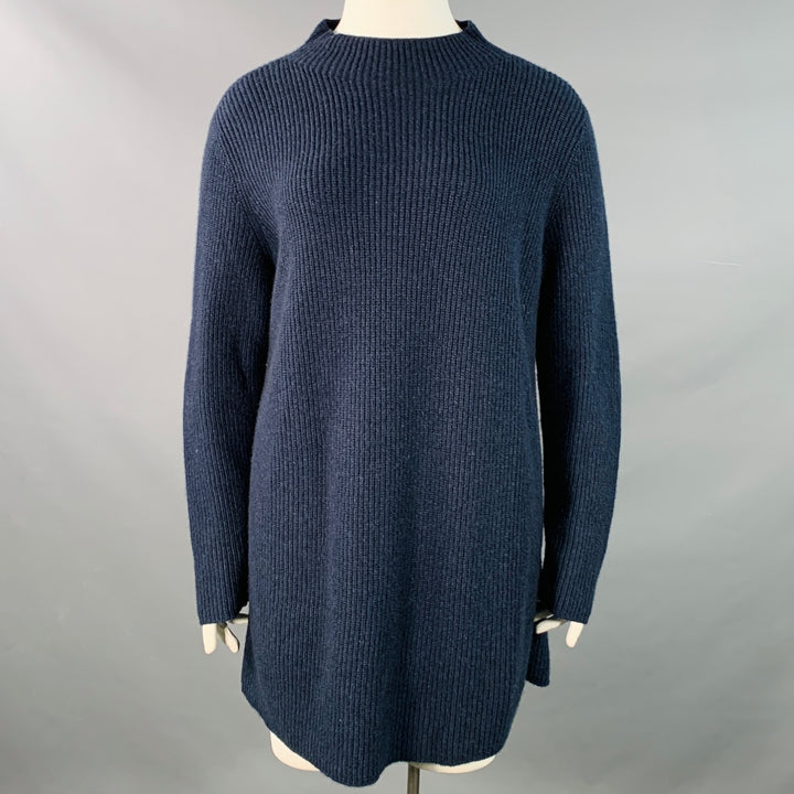 AKRIS Size 12 Navy Cashmere Rib Knit Mock Neck Sweater