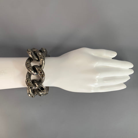 LANVIN Silver Gunmetal Chain Link Crystal Bracelet