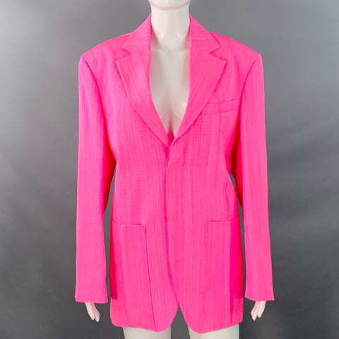 JACQUEMUS Size S Le Raphia Neon Pink White Viscose Blend Notch Lapel Jacket Blazer