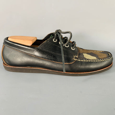 MARK McNAIRY Size 10 Black Brown Green Camouflage Leather Boat Lace-Up Shoes