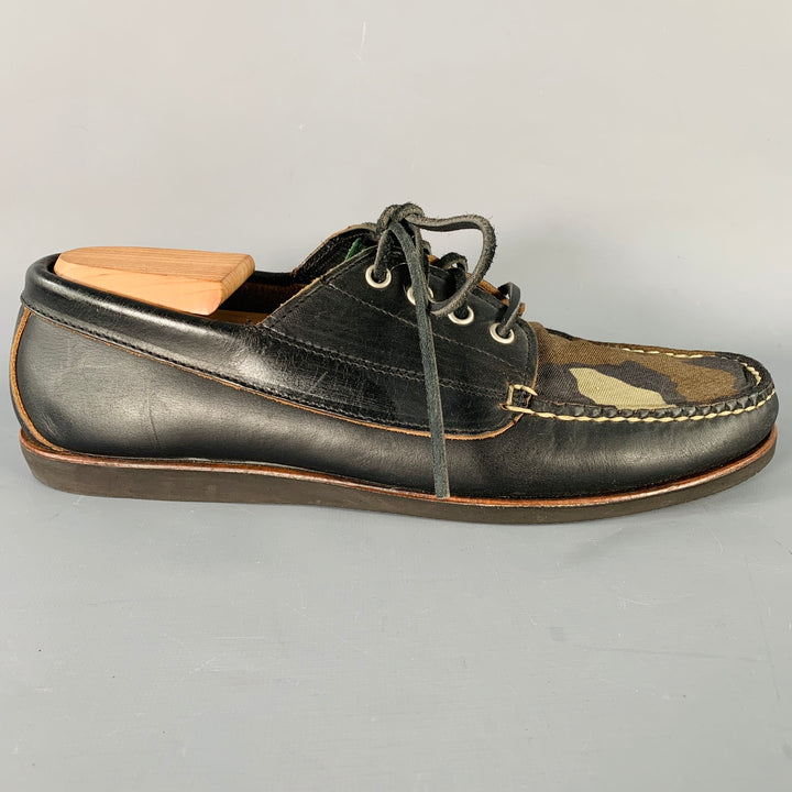 MARK McNAIRY Size 10 Black Brown Green Camouflage Leather Boat Lace-Up Shoes