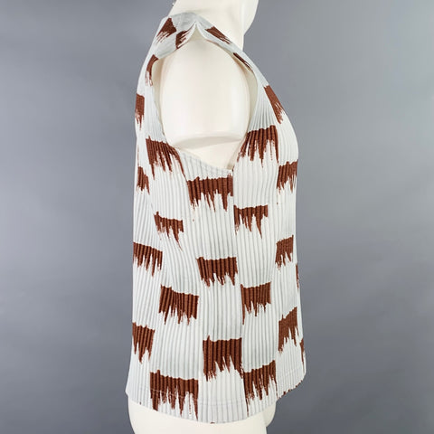 ISSEY MIYAKE HOMME PLISSE Size M Grey Brown Pleated Abstract Polyamide V-Neck Vest