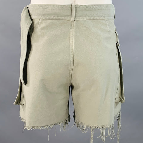 DRIES VAN NOTEN Size 34 Green Distressed Cotton Large Pockets Belted Shorts