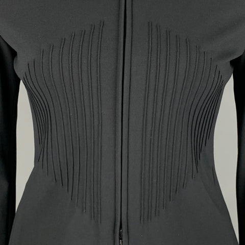 ARMANI COLLEZIONI Size 12 Black Collarless Lines Zip Up Jacket