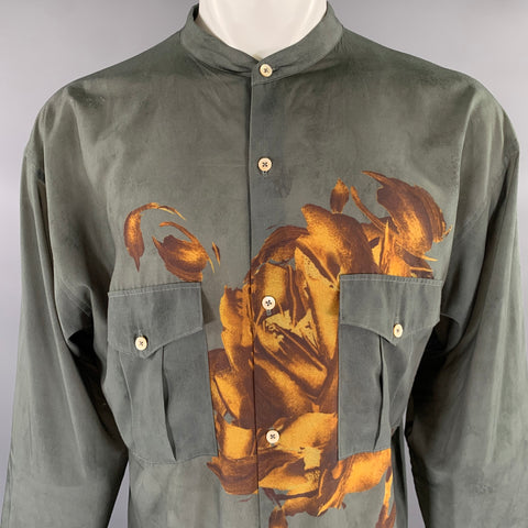 BED J.W. FORD Grey Brown Floral Cotton Blend Band Collar Long Sleeve Shirt
