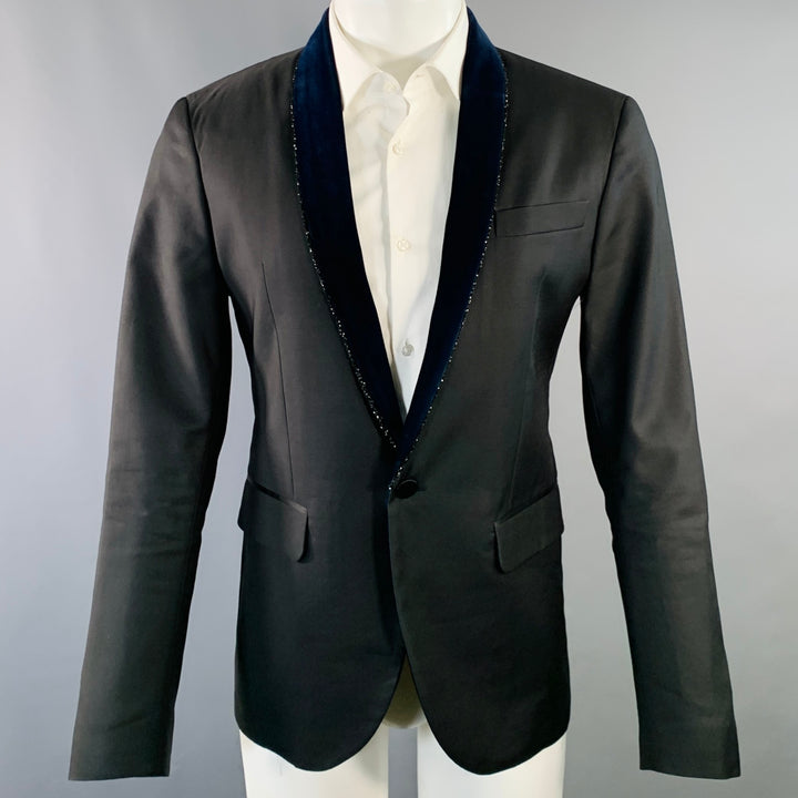 DSQUARED2 Size 40 Black Navy Beaded Wool Blend Shawl Collar Sport Coat