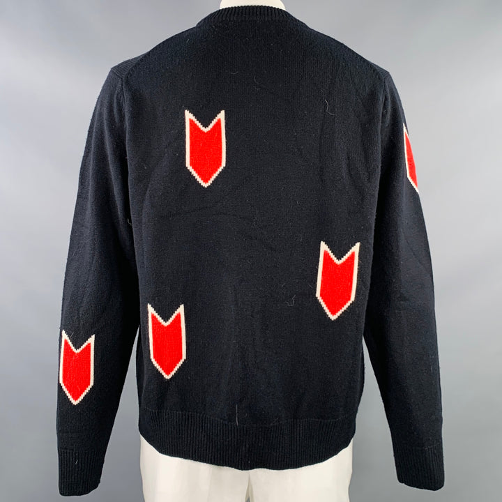 RAG & BONE Size XL Black Red Abstract Merino Wool Crew Neck Sweater