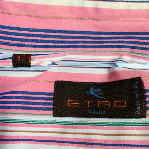 Chemise ETRO taille 42 en coton à rayures multicolores roses, col écarté, manches longues