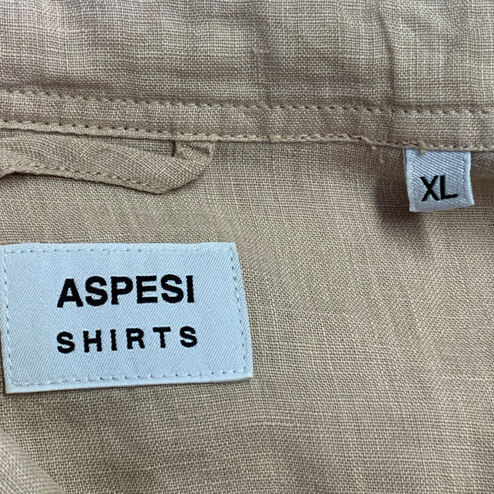 ASPESI Size XL Peach Linen Half Placket Long Sleeve Shirt
