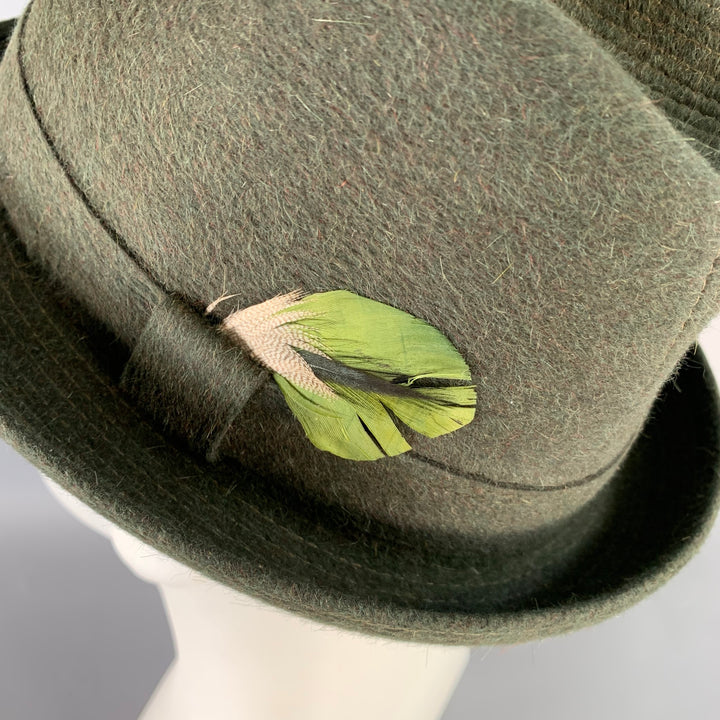 VANZINA PAVIA Size 7 1/8 Green Felt Feather Trilby Fedora