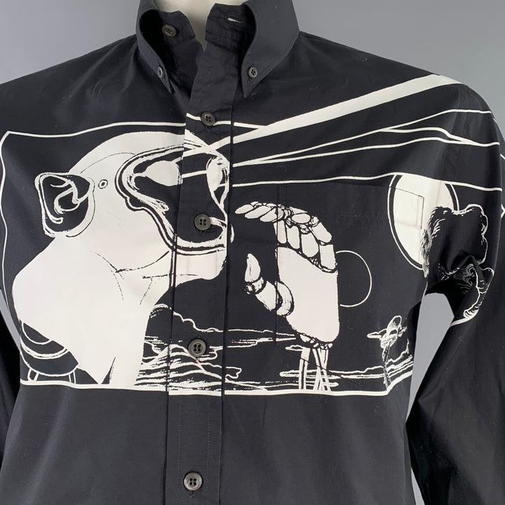 PRADA SS18 Size L James Jean Laser Monkey Black White Graphic Cotton Long Sleeve Shirt