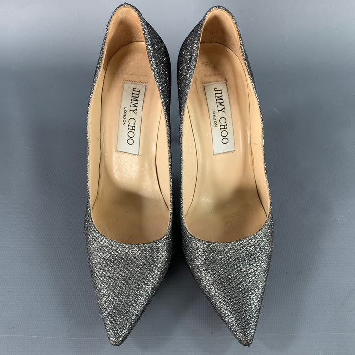 JIMMY CHOO Size 4 Silver Glitter Pointed Toe Stiletto Pumps