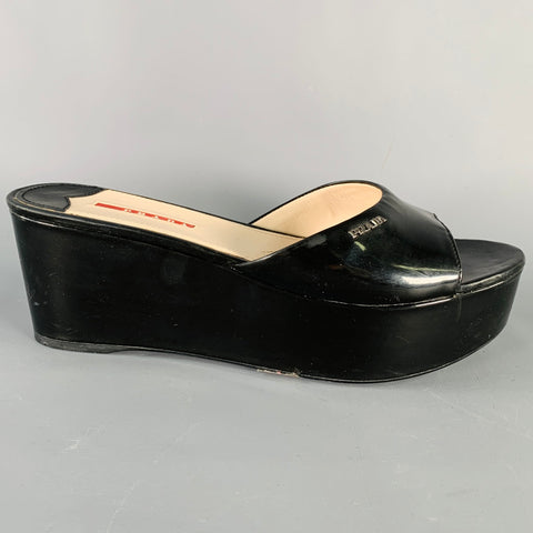 PRADA Size 9.5 Black Patent Leather Platform Sandals