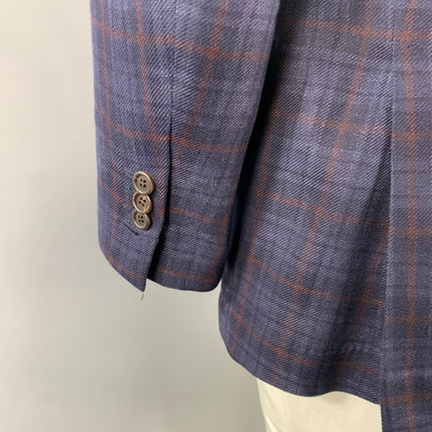 BRUNELLO CUCINELLI Size 46 Navy Brown Plaid Linen Blend Sport Coat