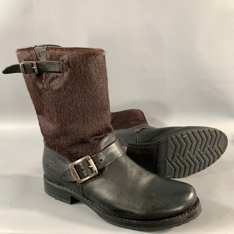 FRYE Size 9 Black Brown Leather Pony Hair Pull On Boots