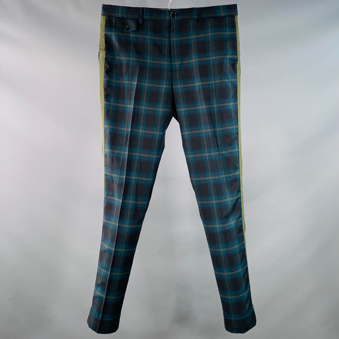 PS by PAUL SMITH Size 32 Blue Olive Plaid Wool Flat Front Slim Fit Dress Pants