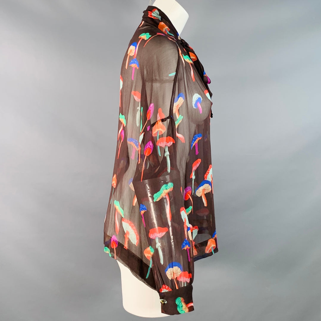 LE SUPERBE Size S Field Trip Brown Multi Color Chiffon Sheer Mushroom V-Neck Blouse