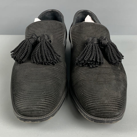 JIMMY CHOO Size 10.5 Black Stripe Suede Tassels Loafers