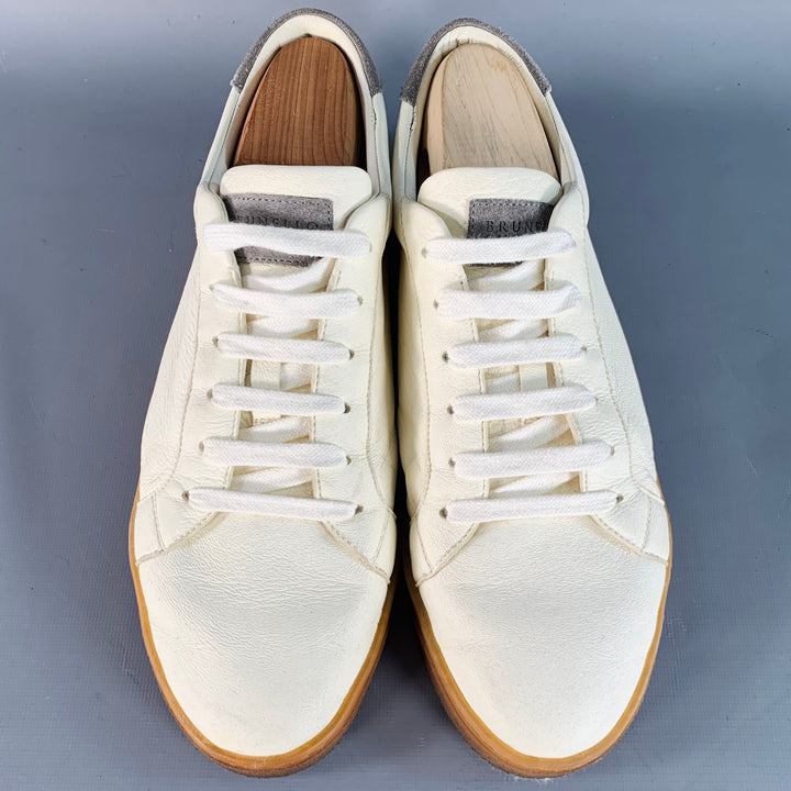 BRUNELLO CUCINELLI Size 9 Off White Grey Leather Low Top Sneakers