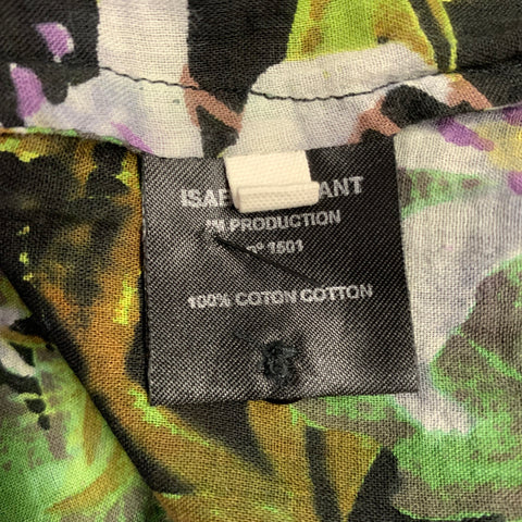 ISABEL MARANT Size 2 Black Multi Color Cotton Floral Long Placket Casual Top